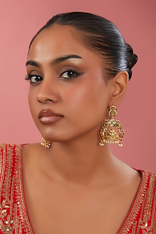 Gold Finish Multi-Colored Synthetic Stone Temple Dangler Earrings by 20AM
