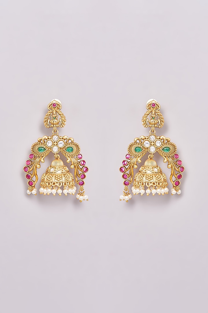 Gold Finish Multi-Colored Synthetic Stone Temple Dangler Earrings by 20AM at Pernia's Pop Up Shop