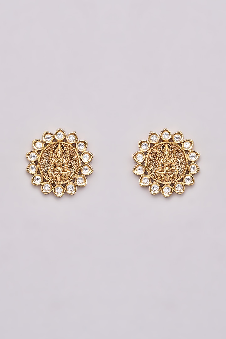 Gold Finish Kundan Polki Stud Earrings by 20AM at Pernia's Pop Up Shop