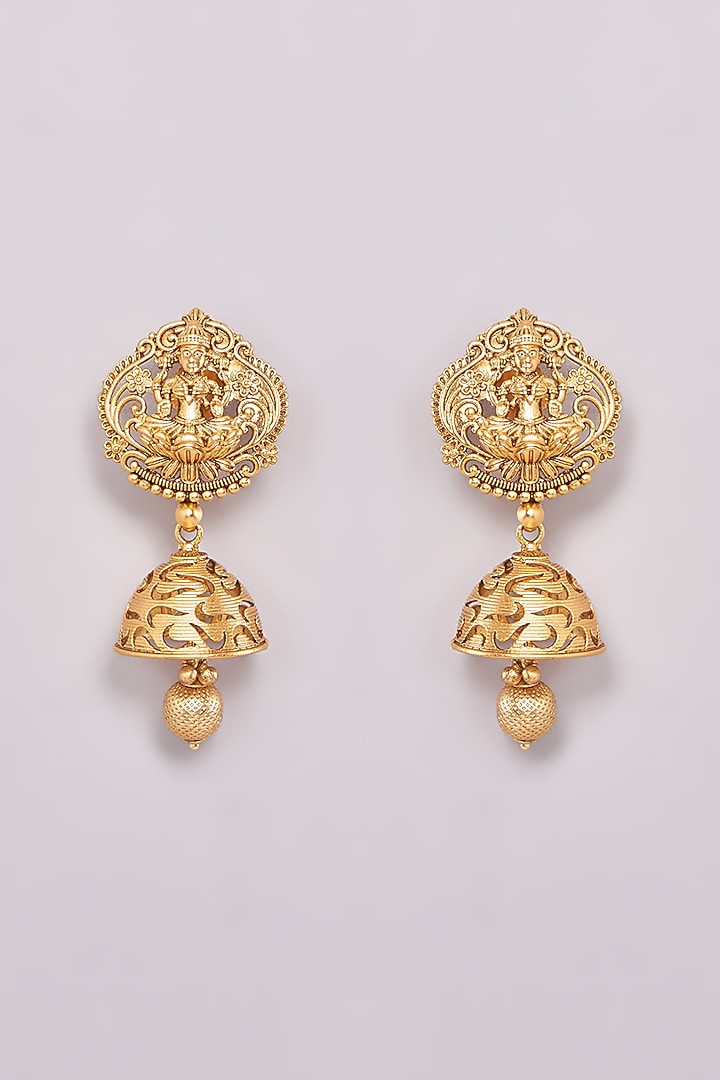 Gold Finish Motif Temple Jhumka Earrings by 20AM at Pernia's Pop Up Shop