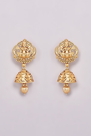 Gold Finish Motif Temple Jhumka Earrings by 20AM