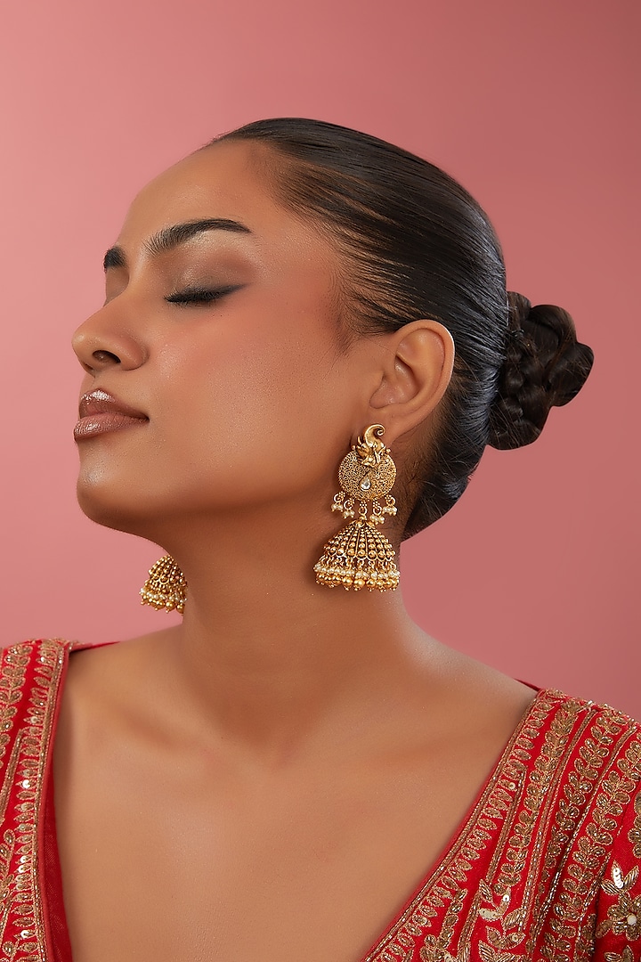 Gold Finish Kundan Polki Temple Jhumka Earrings by 20AM at Pernia's Pop Up Shop