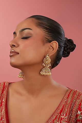 Gold Finish Kundan Polki Temple Jhumka Earrings by 20AM