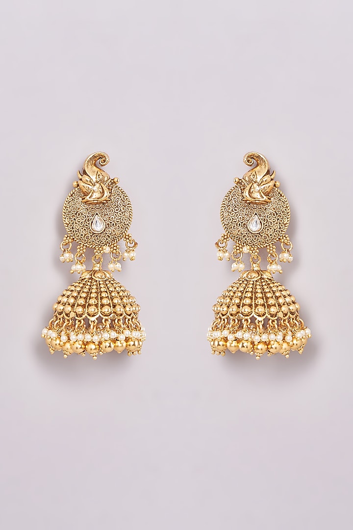 Gold Finish Kundan Polki Temple Jhumka Earrings by 20AM at Pernia's Pop Up Shop
