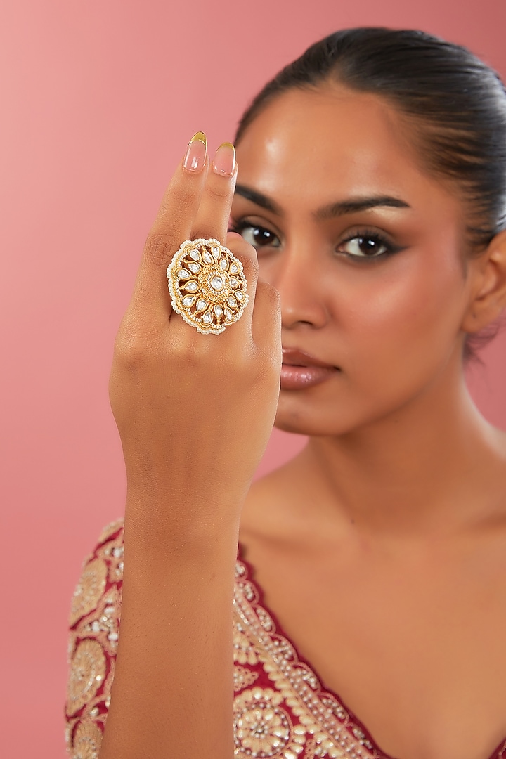 Gold Finish Kundan Polki & White Stone Ring by 20AM at Pernia's Pop Up Shop