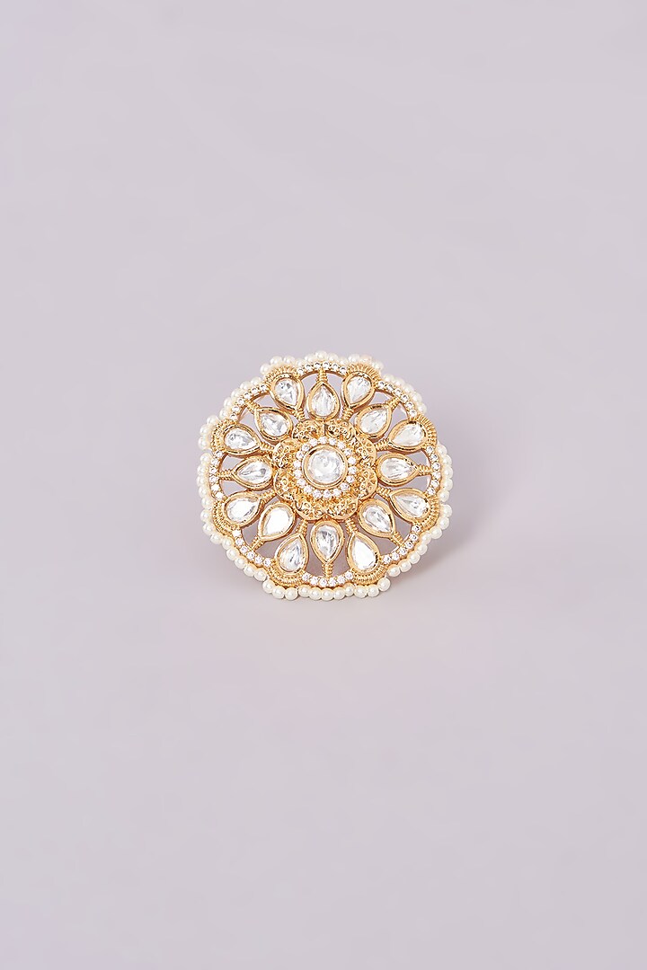 Gold Finish Kundan Polki & White Stone Ring by 20AM at Pernia's Pop Up Shop