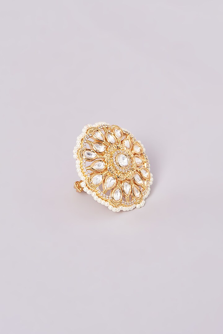 Gold Finish Kundan Polki & White Stone Ring by 20AM at Pernia's Pop Up Shop