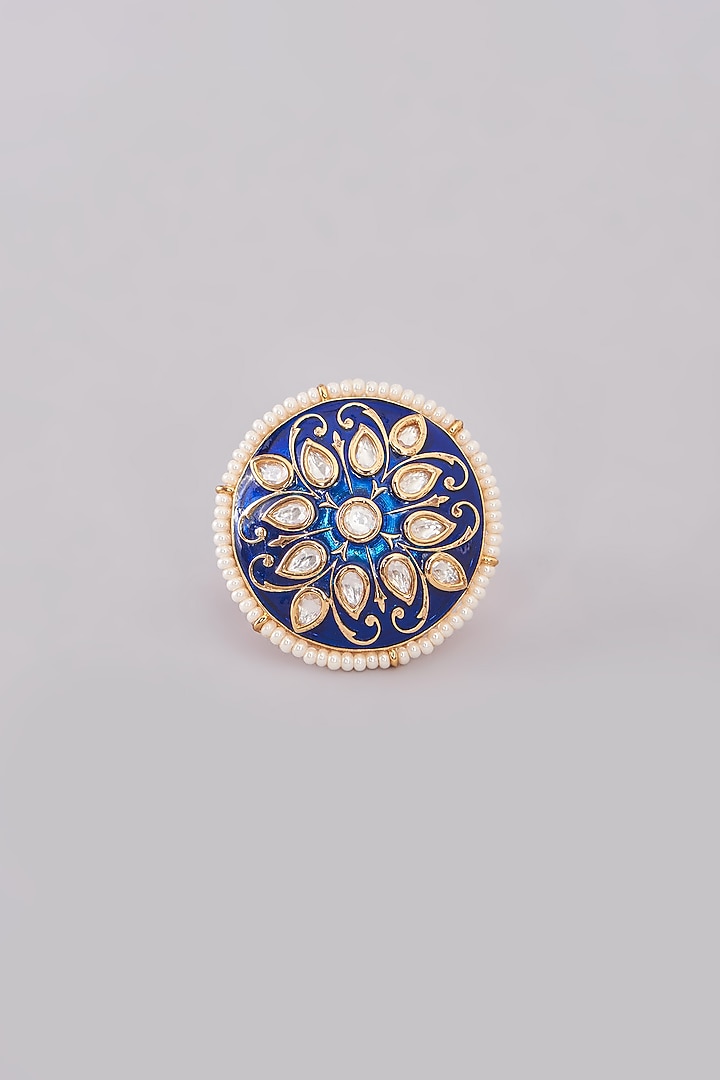 Gold Finish Kundan Polki & White Stone Enameled Ring by 20AM at Pernia's Pop Up Shop