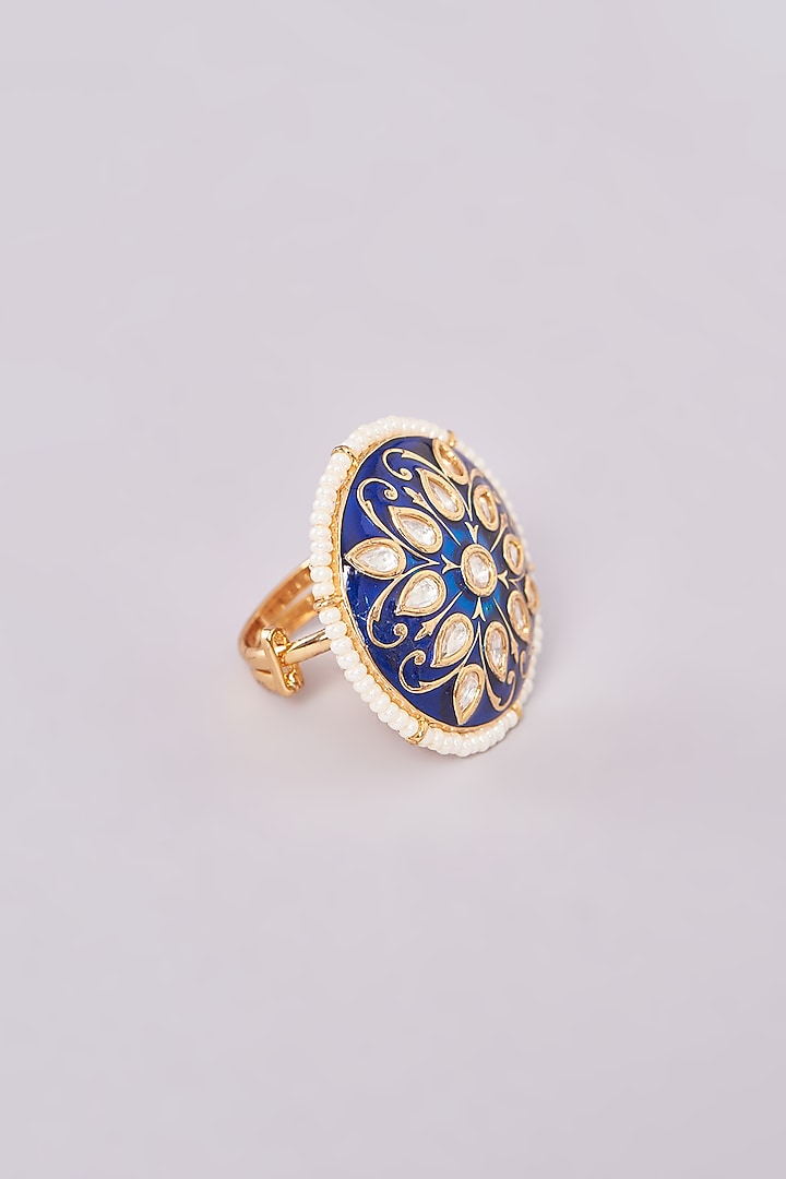 Gold Finish Kundan Polki & White Stone Enameled Ring by 20AM at Pernia's Pop Up Shop