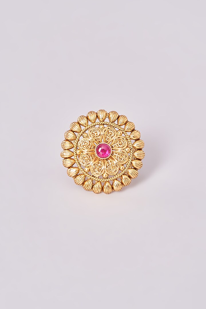 Gold Finish Pink Synthetic Stone Temple Ring by 20AM at Pernia's Pop Up Shop