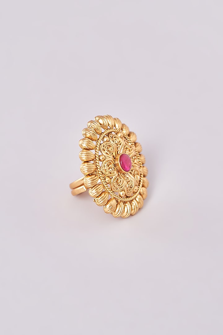 Gold Finish Pink Synthetic Stone Temple Ring by 20AM at Pernia's Pop Up Shop