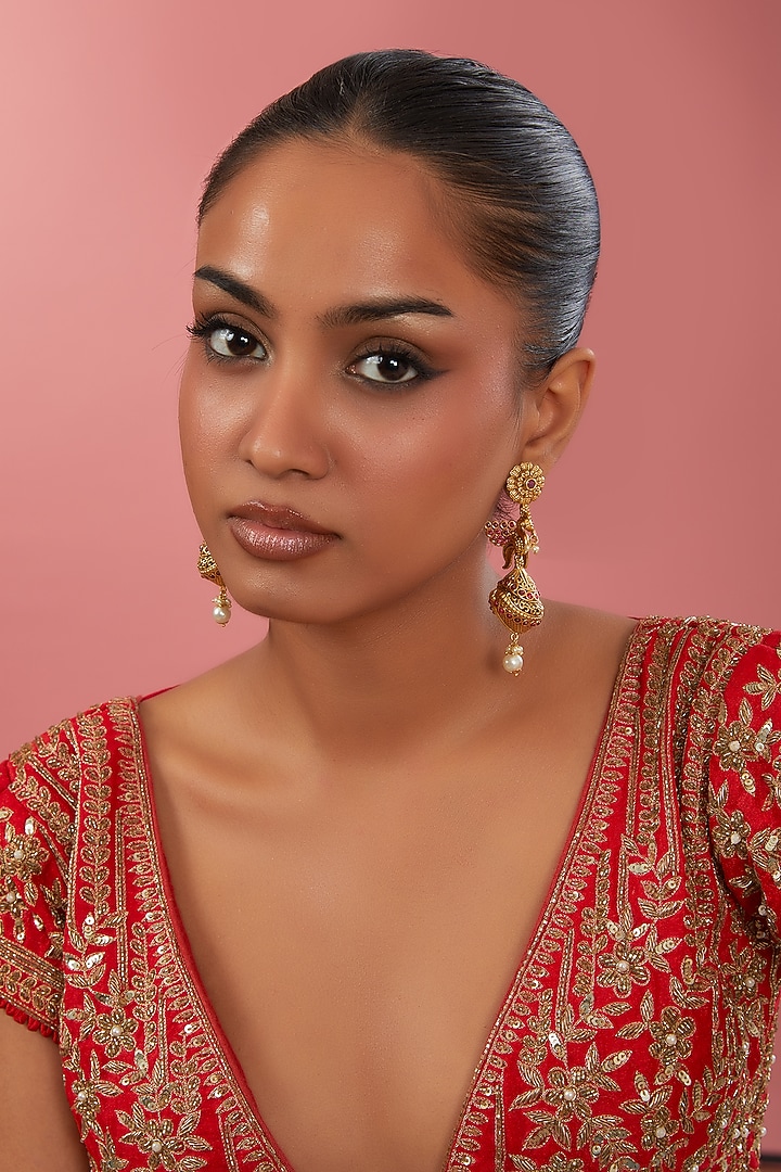 Gold Finish Pink Synthetic Stone & Pearl Temple Dangler Earrings by 20AM at Pernia's Pop Up Shop