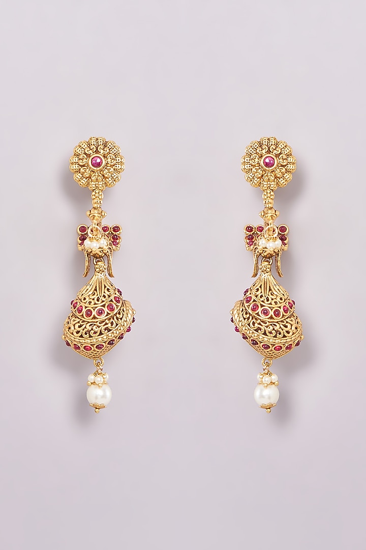 Gold Finish Pink Synthetic Stone & Pearl Temple Dangler Earrings by 20AM at Pernia's Pop Up Shop