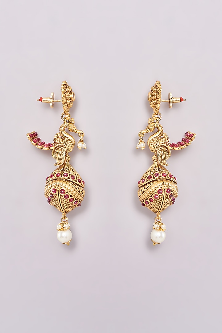 Gold Finish Pink Synthetic Stone & Pearl Temple Dangler Earrings by 20AM at Pernia's Pop Up Shop