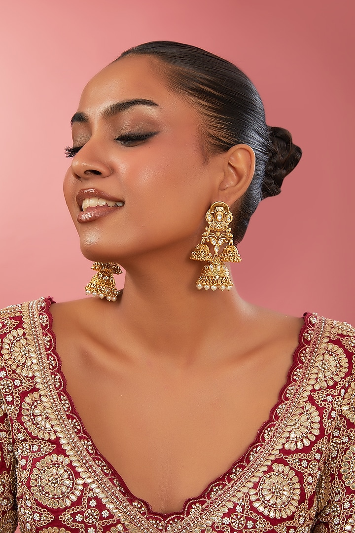 Gold Finish Kundan Polki Dangler Earrings by 20AM at Pernia's Pop Up Shop