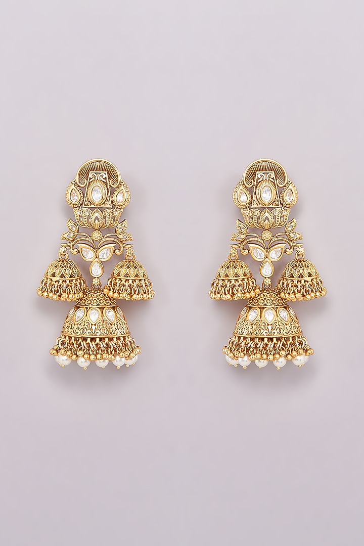 Gold Finish Kundan Polki Dangler Earrings by 20AM at Pernia's Pop Up Shop