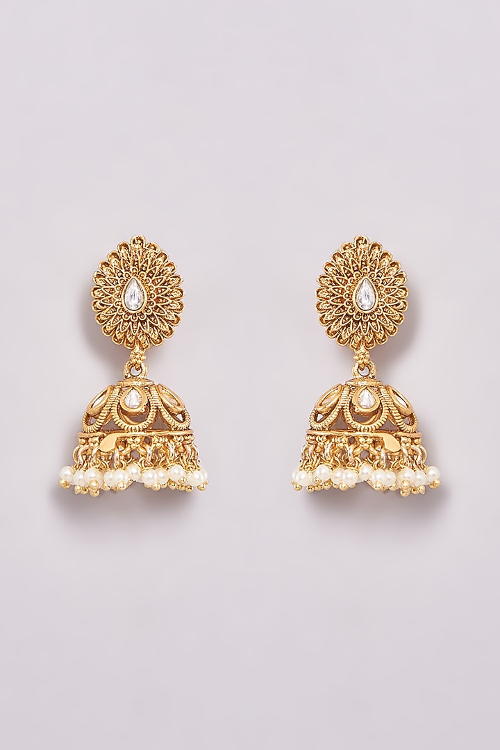 Gold Finish Kundan Polki & Pearl Jhumka Earrings by 20AM at Pernia's Pop Up Shop