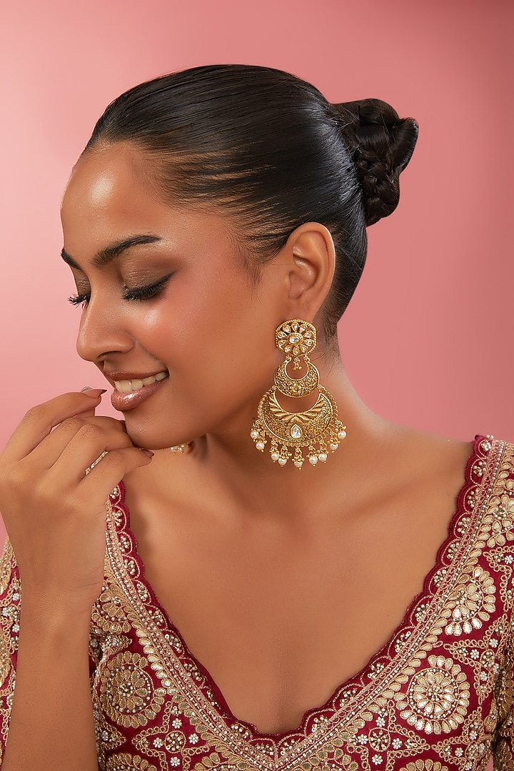 Gold Finish Kundan Polki & Pearl Floral Chandbali Earrings by 20AM at Pernia's Pop Up Shop