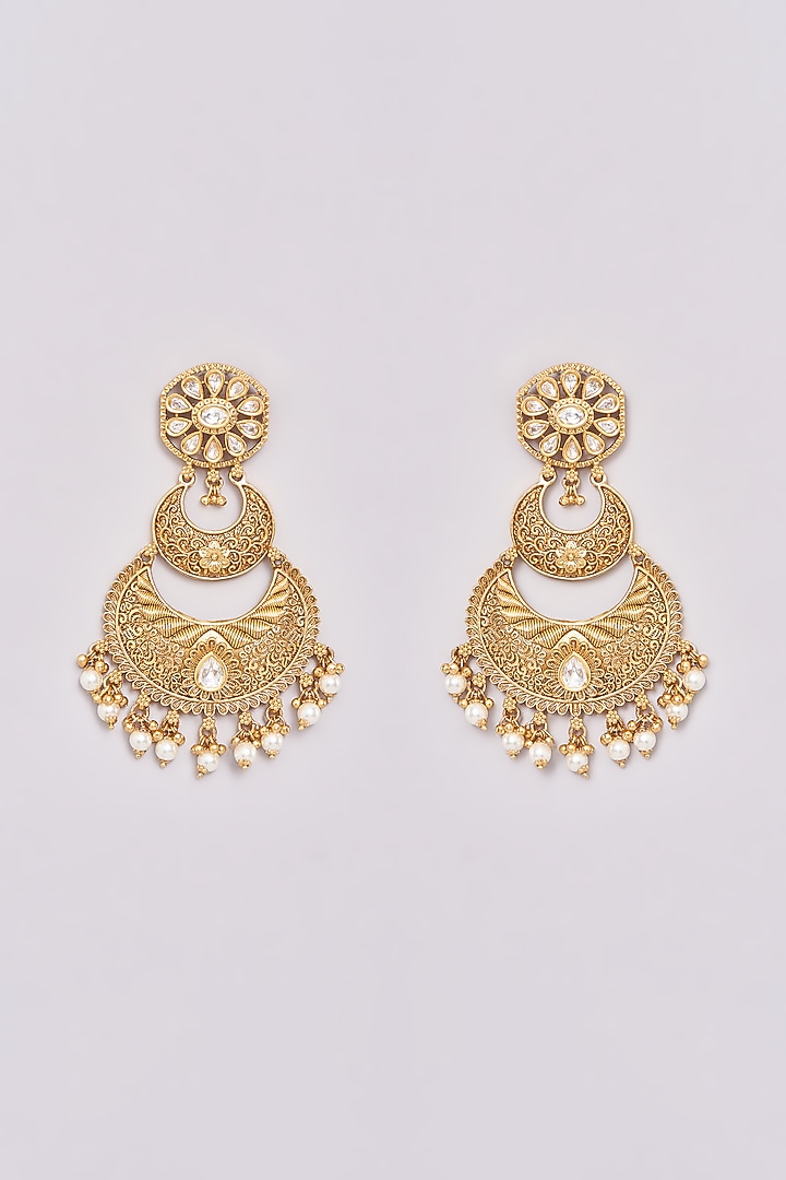 Gold Finish Kundan Polki & Pearl Floral Chandbali Earrings by 20AM at Pernia's Pop Up Shop