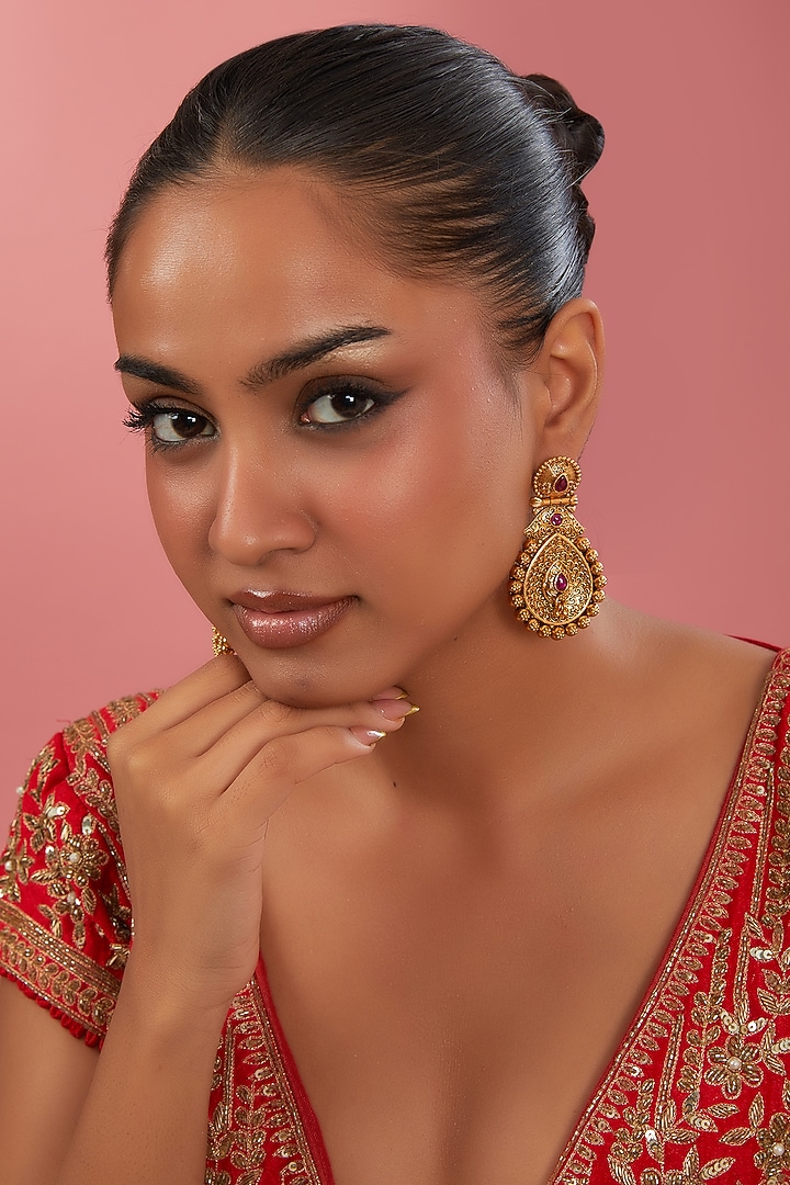 Gold Finish Pink Synthetic Stone Temple Dangler Earrings by 20AM at Pernia's Pop Up Shop