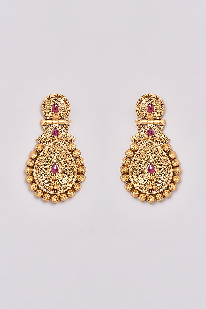 Gold Finish Pink Synthetic Stone Temple Dangler Earrings by 20AM at Pernia's Pop Up Shop