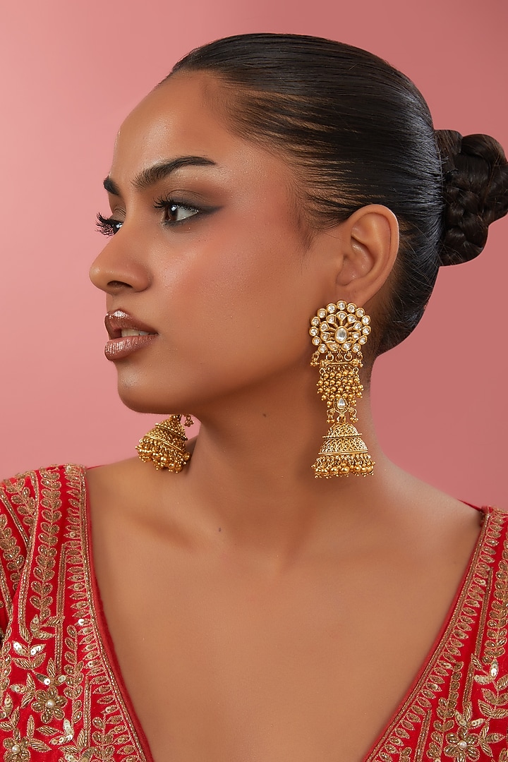 Gold Finish Kundan Polki Floral Dangler Earrings by 20AM at Pernia's Pop Up Shop