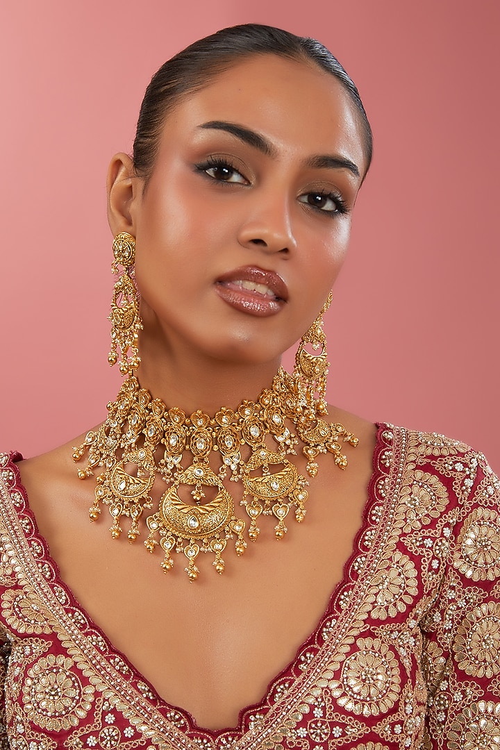 Gold Finish Kundan Polki Choker Necklace Set by 20AM at Pernia's Pop Up Shop