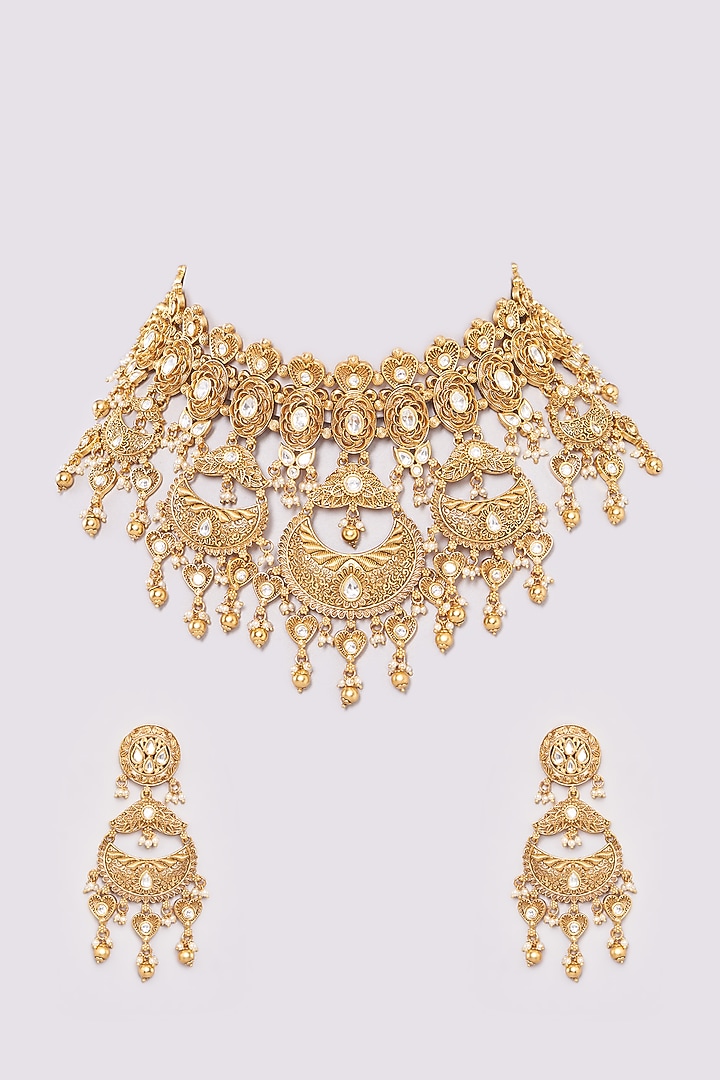 Gold Finish Kundan Polki Choker Necklace Set by 20AM at Pernia's Pop Up Shop