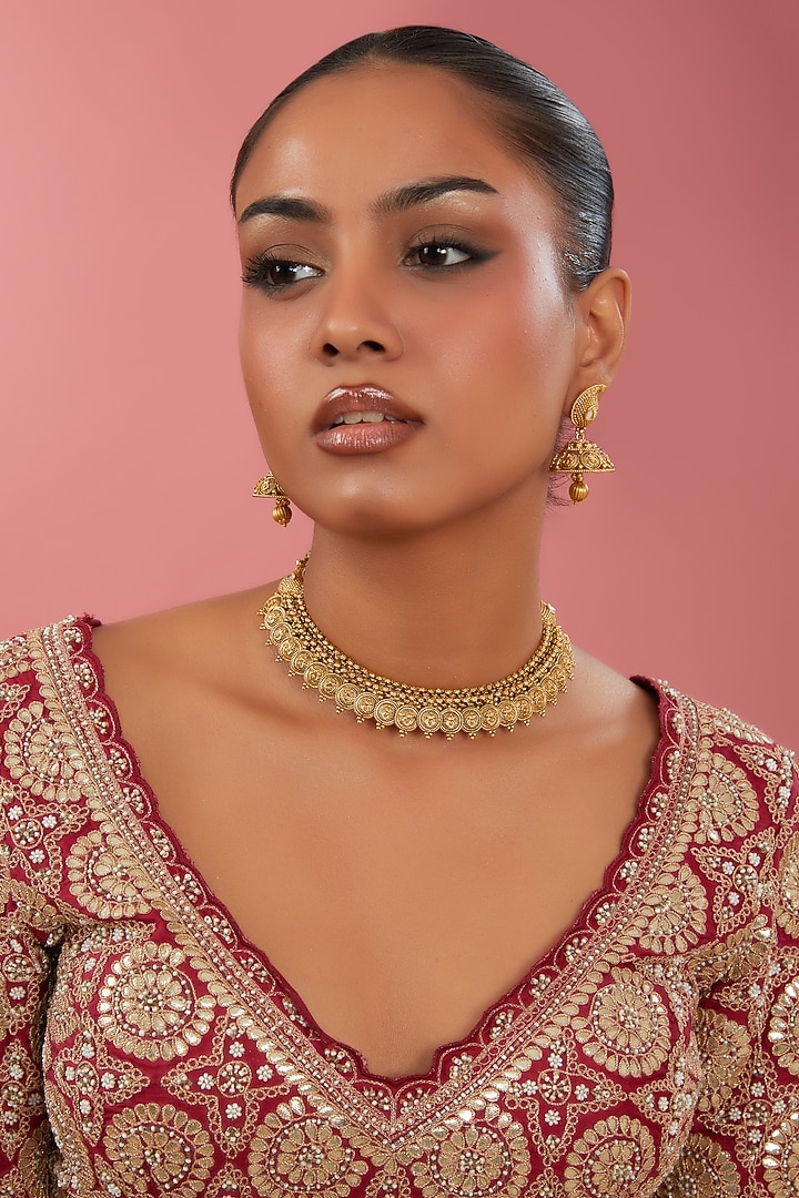 Gold Finish Coin Motif Temple Choker Necklace Set by 20AM at Pernia's Pop Up Shop