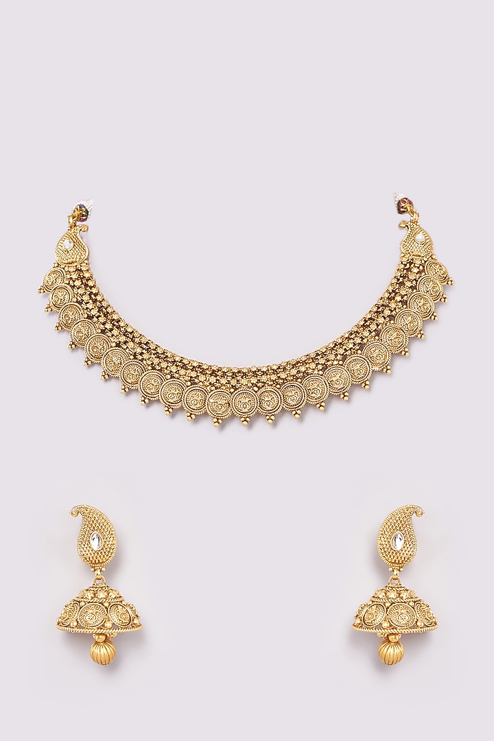 Gold Finish Coin Motif Temple Choker Necklace Set by 20AM at Pernia's Pop Up Shop