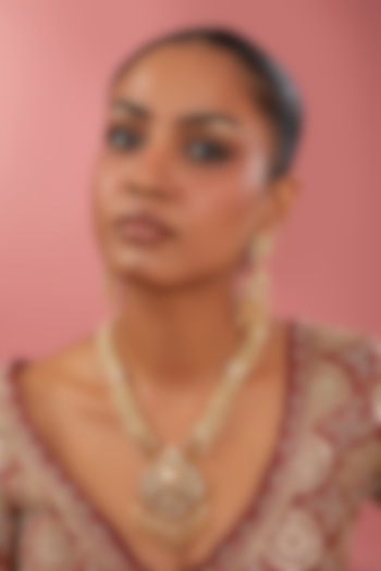 Gold Finish Kundan Polki & White Beaded Long Necklace Set by 20AM at Pernia's Pop Up Shop