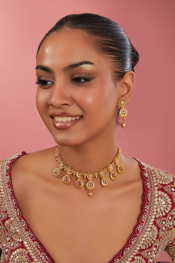 Gold Finish Kundan Polki & Red Stone Choker Necklace Set by 20AM at Pernia's Pop Up Shop