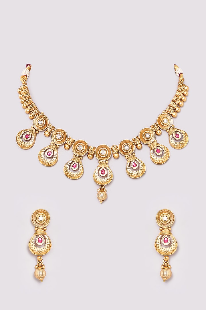 Gold Finish Kundan Polki & Red Stone Choker Necklace Set by 20AM at Pernia's Pop Up Shop