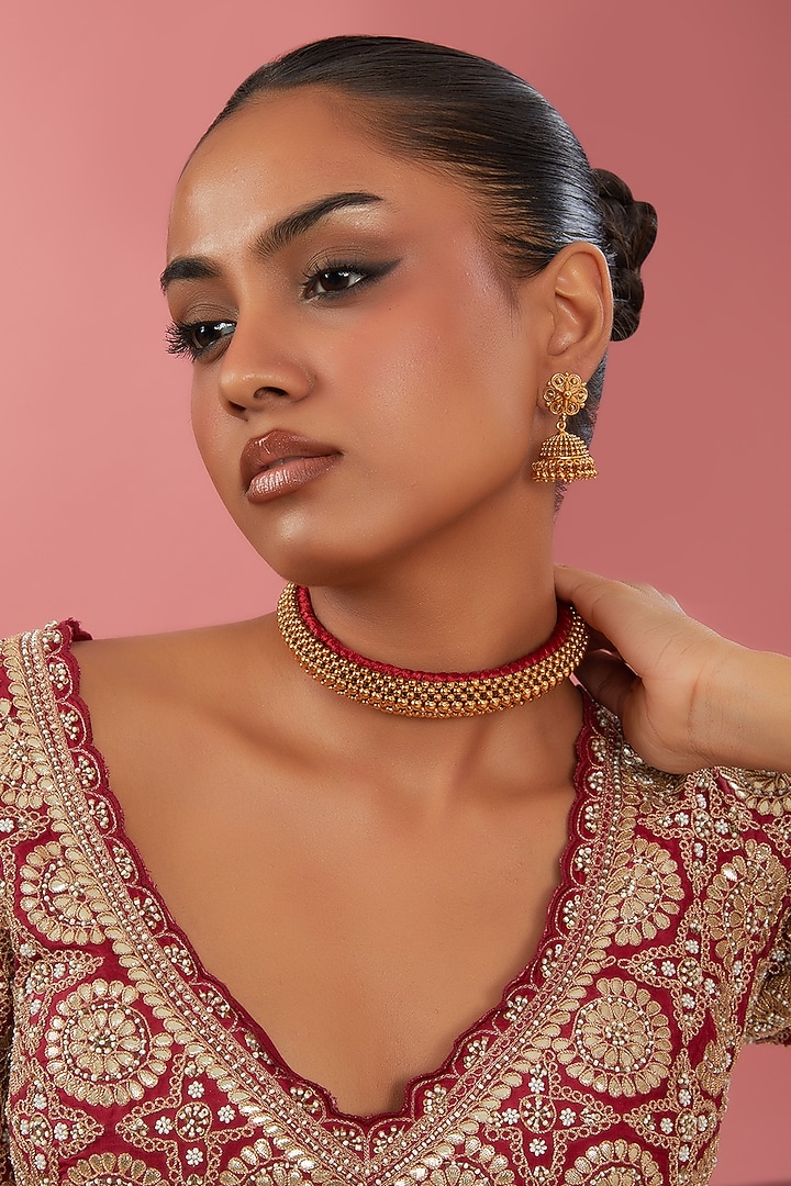 Gold Finish Metal Ball Temple Choker Necklace Set by 20AM at Pernia's Pop Up Shop
