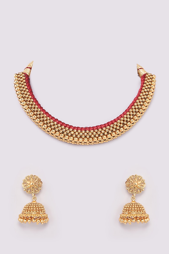 Gold Finish Metal Ball Temple Choker Necklace Set by 20AM at Pernia's Pop Up Shop