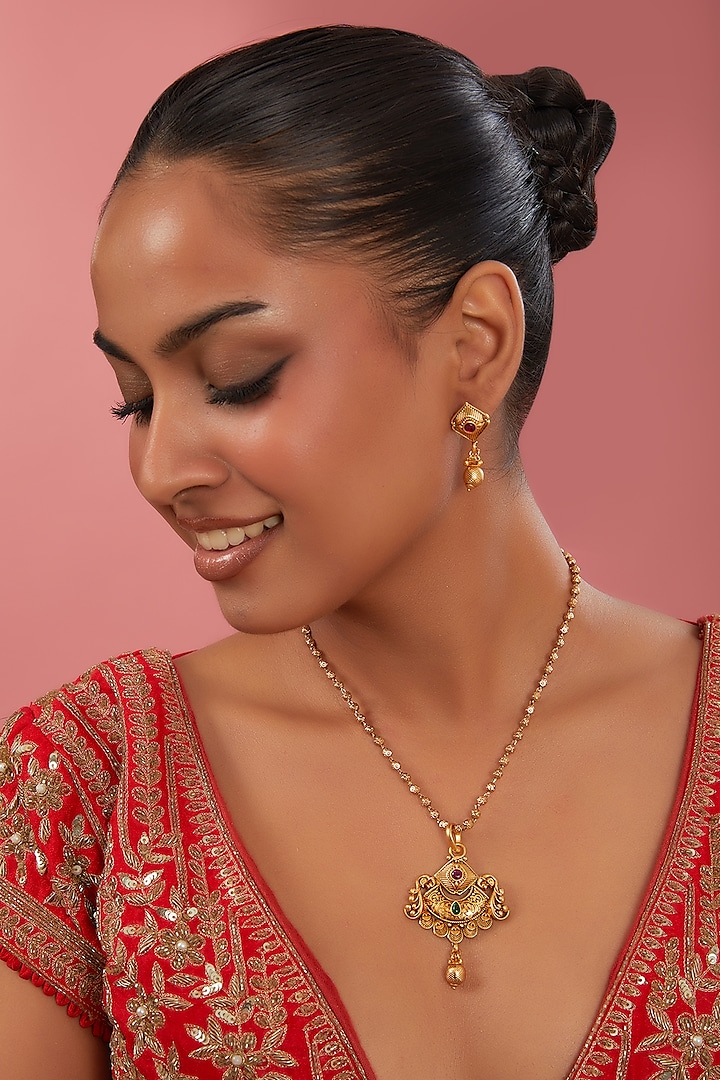 Gold Finish Red & Green Synthetic Stone Long Temple Necklace Set by 20AM at Pernia's Pop Up Shop