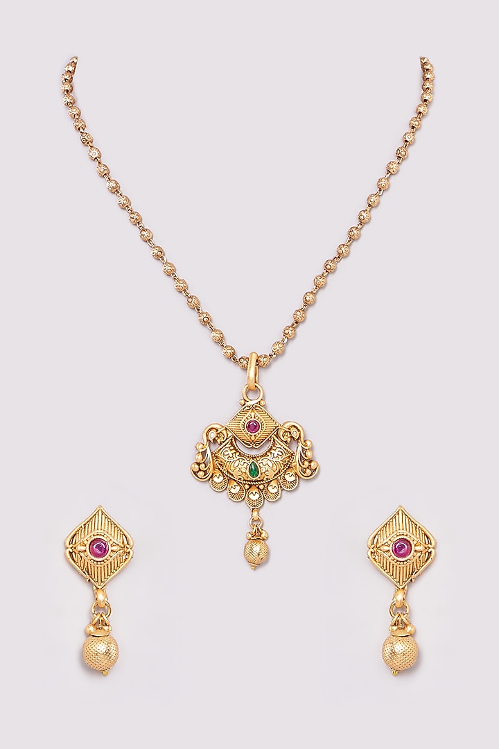 Gold Finish Red & Green Synthetic Stone Long Temple Necklace Set by 20AM at Pernia's Pop Up Shop