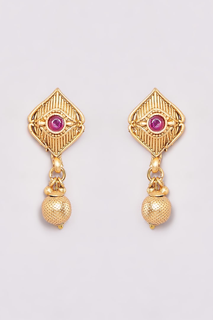 Gold Finish Red & Green Synthetic Stone Long Temple Necklace Set by 20AM at Pernia's Pop Up Shop
