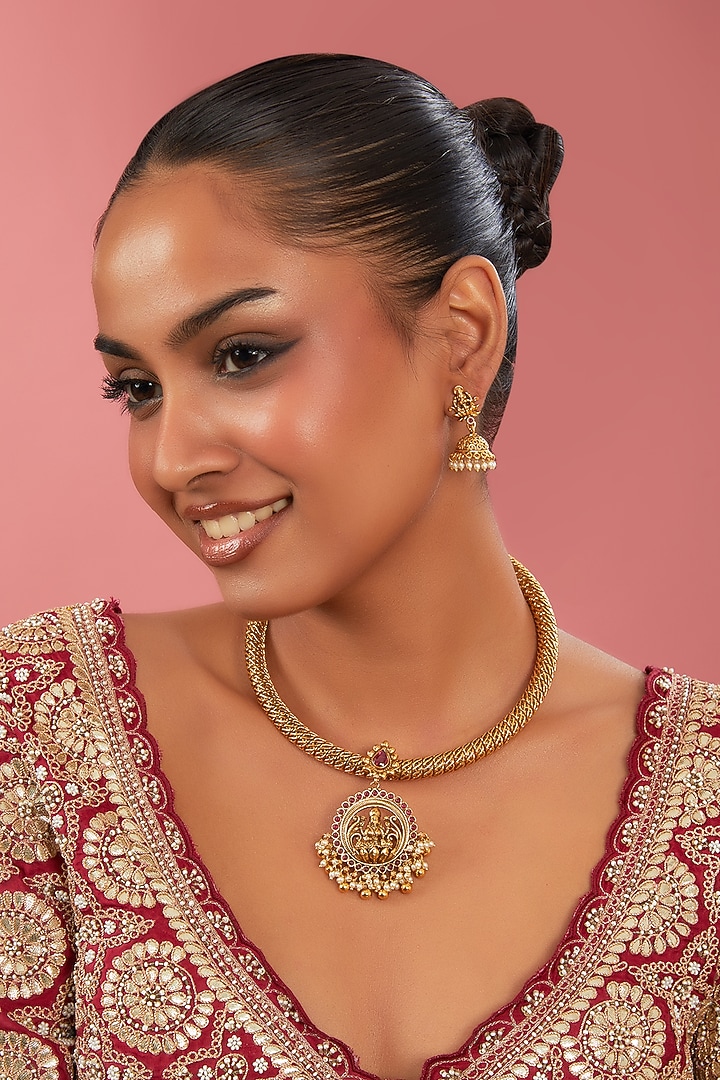 Two-Tone Finish Temple Pendant Necklace Set by 20AM at Pernia's Pop Up Shop