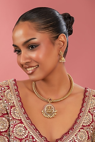 Two-Tone Finish Temple Pendant Necklace Set by 20AM