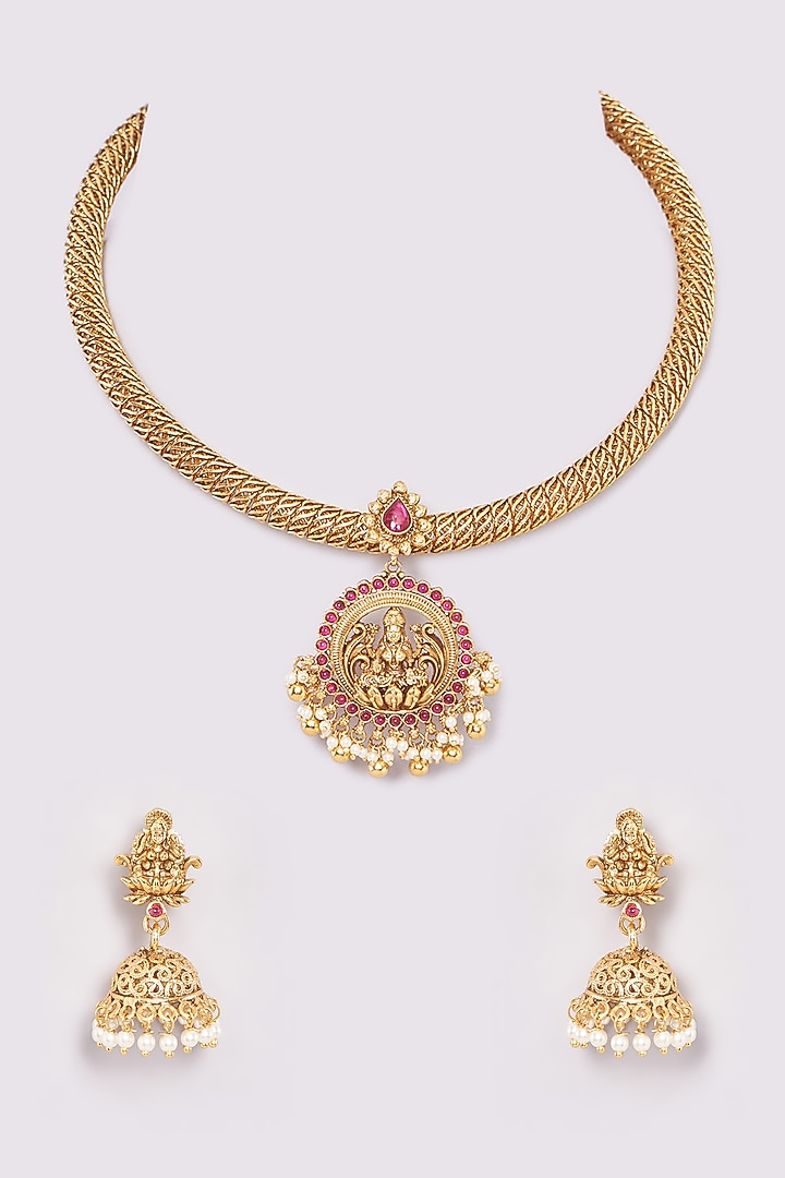 Two-Tone Finish Temple Pendant Necklace Set by 20AM at Pernia's Pop Up Shop