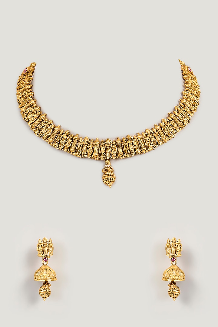 Gold Finish Ram Darbar Motif & Red Stone Temple Necklace Set by 20AM at Pernia's Pop Up Shop