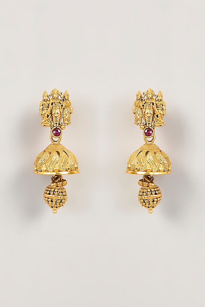 Gold Finish Ram Darbar Motif & Red Stone Temple Necklace Set by 20AM at Pernia's Pop Up Shop