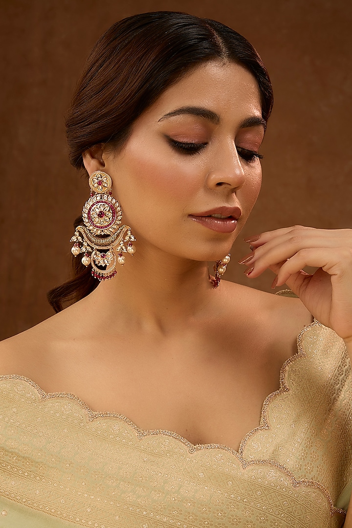Gold Finish Kundan Polki & Red Stone Dangler Earrings by 20AM at Pernia's Pop Up Shop