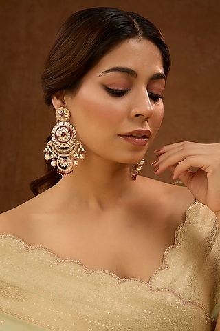 Gold Finish Kundan Polki & Red Stone Dangler Earrings by 20AM