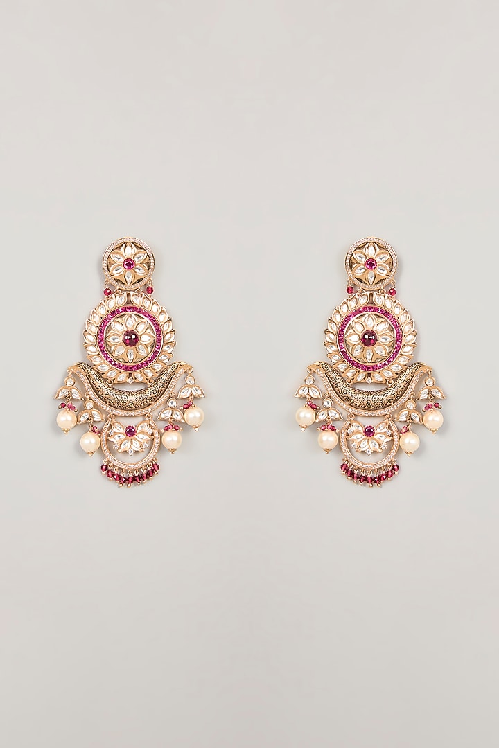Gold Finish Kundan Polki & Red Stone Dangler Earrings by 20AM at Pernia's Pop Up Shop