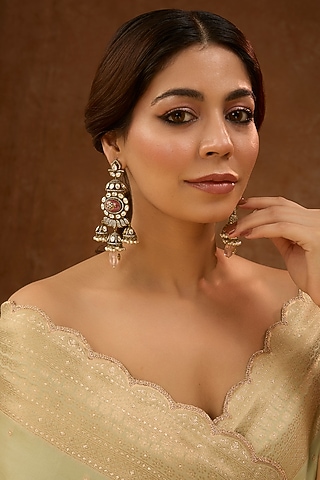 Black Rhodium Finish Kundan Polki & Cubic Zirconia Dangler Earrings by 20AM