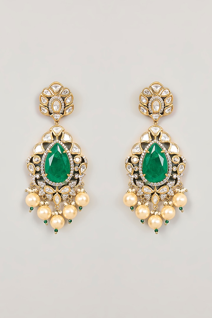 Gold Finish Kundan Polki & Green Stone Dangler Earrings by 20AM at Pernia's Pop Up Shop