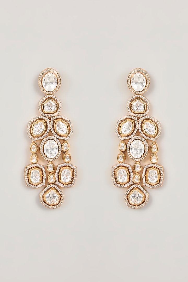 Gold Finish Kundan Polki & Cubic Zirconia Dangler Earrings by 20AM at Pernia's Pop Up Shop
