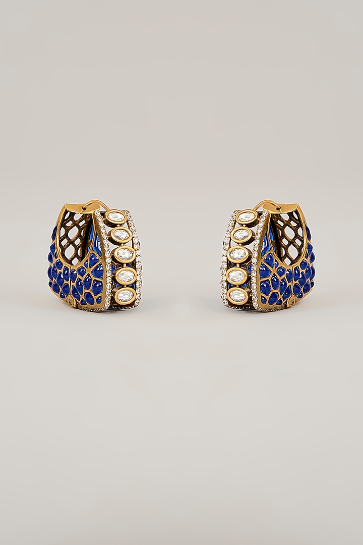 Gold Finish Kundan Polki & Cubic Zirconia Enameled Hoop Earrings by 20AM at Pernia's Pop Up Shop